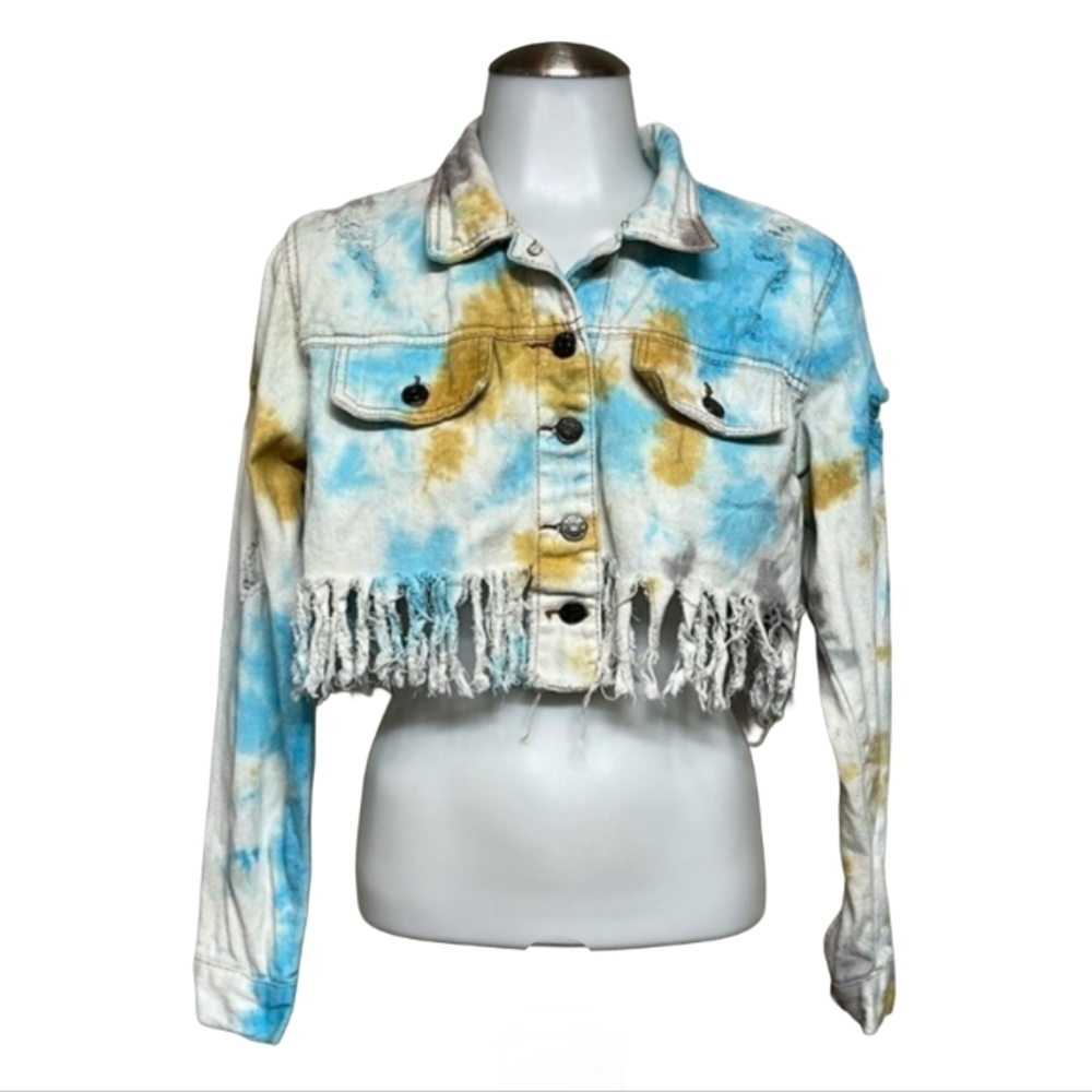 TAXI Cropped Fringe M Womens Denim Jacket M BOHO Blue Yellow TRENDING!!!!